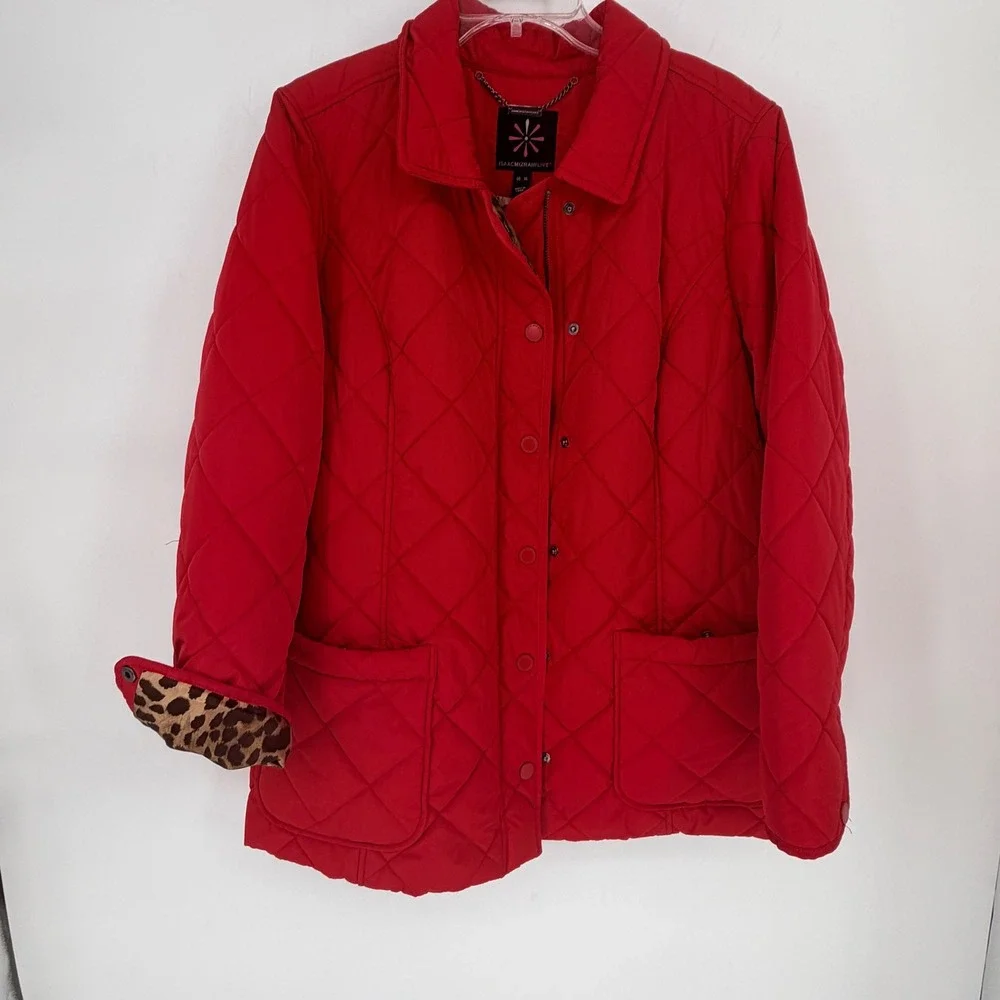 Isaac Mizrahi Quilted Red Jacket Leopard Print Lined Snap Button Pockets Size XL - Picture 2 of 7